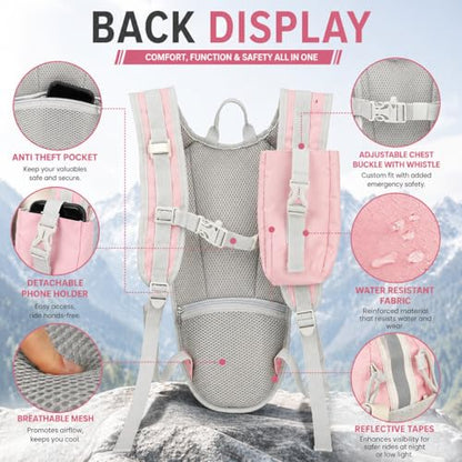 Lightweight Hydration Backpack 2L Water Bladder Pack for Running, Cycling, Hiking – Anti-Theft Water Backpack with Phone Holder, Trekking Pole Holder & Reflective Strips for Men & Women - color: Pink