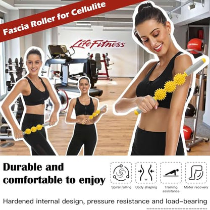 Fascia Muscle Roller, Cellulite Massager Fascia Roller for Cellulite and Sore Muscles, Neck, Leg, Back, Pressure Trigger Point Body Roller Deep Tissue Massage Stick Tools - 3 Massage Balls - color: Golden Yellow