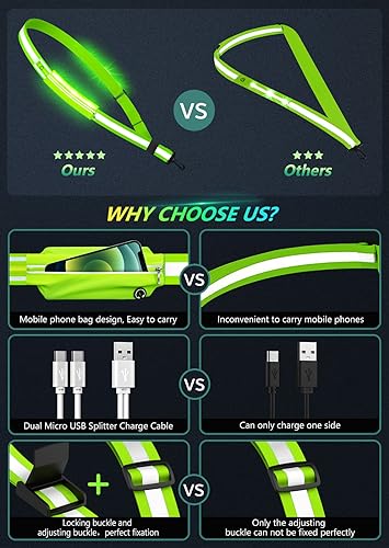 Fokia Kunbio LED Reflective Belt Sash for Walking at Night,Running Safety Gear LED Light Up Running Belt for Runners Walkers - color: Green