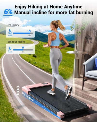 DeerRun Under Desk Walking Pad Treadmill for Home Office & Small Spaces, 6% Manual Incline, 0.6–3.8 MPH Walking Speed, 2.5 HP, 300 lb Capacity, App & Remote Control - color: Rose Pink