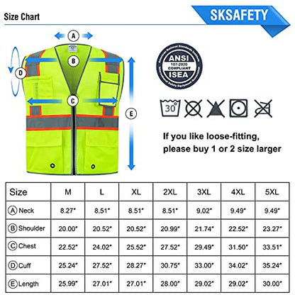 SKSAFETY 10 Pockets Safety Vest, Class 2 High Visibility Security with Zipper Double-sided mesh, Hi Vis Vest with Reflective Strips, ANSI/ISEA Standard, Construction Work Vest （Lime, XL） - color: Yellow Mesh, size: X-Large