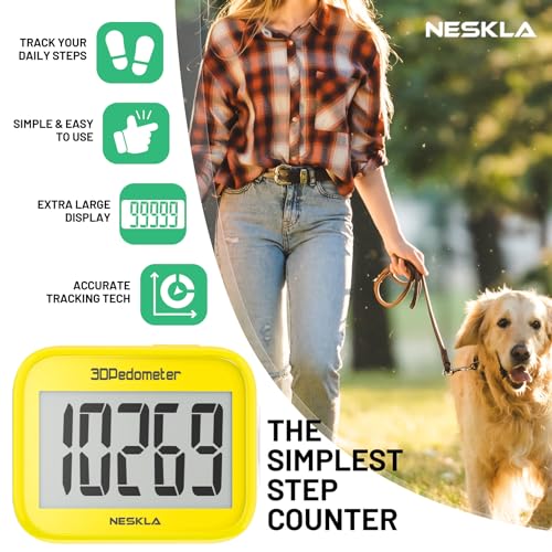 NESKLA 3D Pedometer, Simple Step Counter with Large LCD Display for Walking - color: Yellow