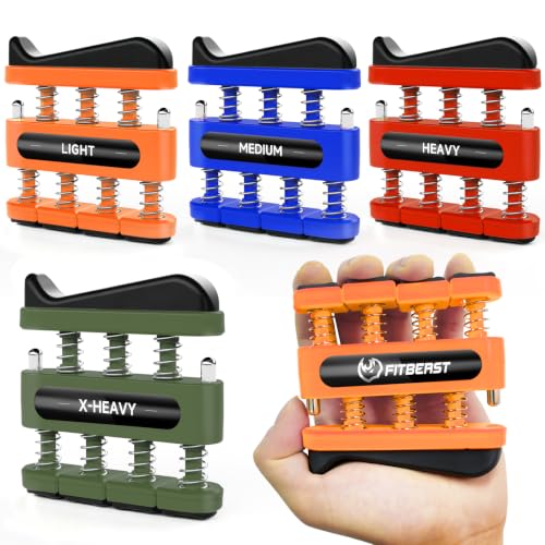 FitBeast Finger Strengthener, Finger Exerciser, Hand Exerciser for Improve Dexterity and Strength in Fingers, Hands, Forearms–Grip Strength Trainer for Musicians, Climbers - color: 4 Piece Set -Orange Blue Red Olive Green