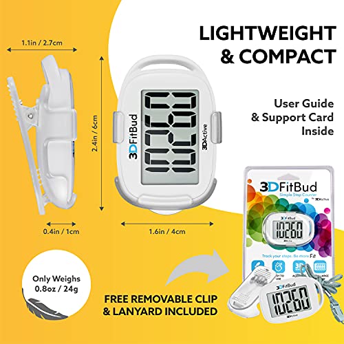 3DFitBud Simple Step Counter Walking 3D Pedometer by 3DActive with Clip, Lanyard Accurate Step Tracker Large Display, Easy to Use for Kids Men Women Adult Seniors Daily Step Tracking - A420S - color: White