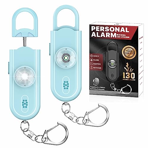Personal Safety Alarm Keychain for Women 2PCS -130 dB Loud Siren with SOS Strobe Light, Flashlight, Double Speakers, Safe Defense Key Chain for Girls Kids Elders Emergency Call - color: Aqua