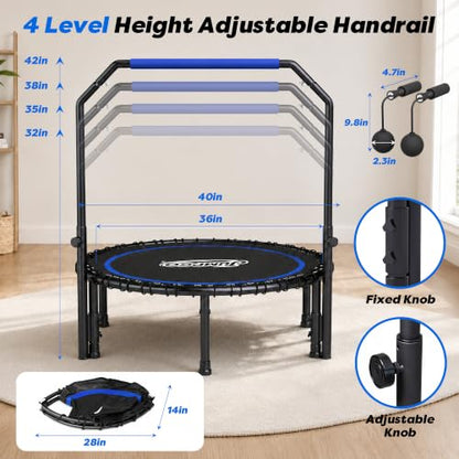 450LBS Foldable Rebounder Trampoline for Adults with Adjustable Handle 40" - color: Black