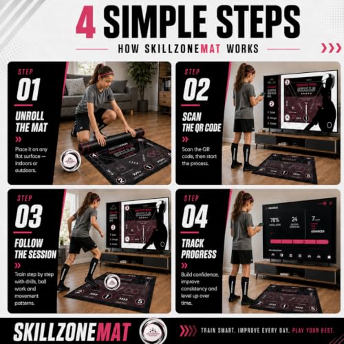 SkillZone Soccer Training Mat with Soccer Ball – Dribbling & Footwork Trainer | Indoor/Outdoor Soccer Training Kit with Interactive Video Hub, Grip Socks & Carry Bag | Control & Agility Practice - color: Flash Pink - Match Kit