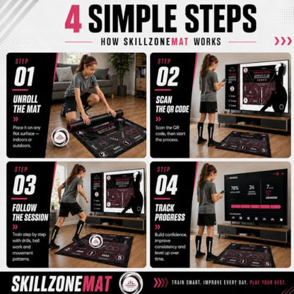 SkillZone Soccer Training Mat with Soccer Ball – Dribbling & Footwork Trainer | Indoor/Outdoor Soccer Training Kit with Interactive Video Hub, Grip Socks & Carry Bag | Control & Agility Practice - color: Flash Pink - Match Kit