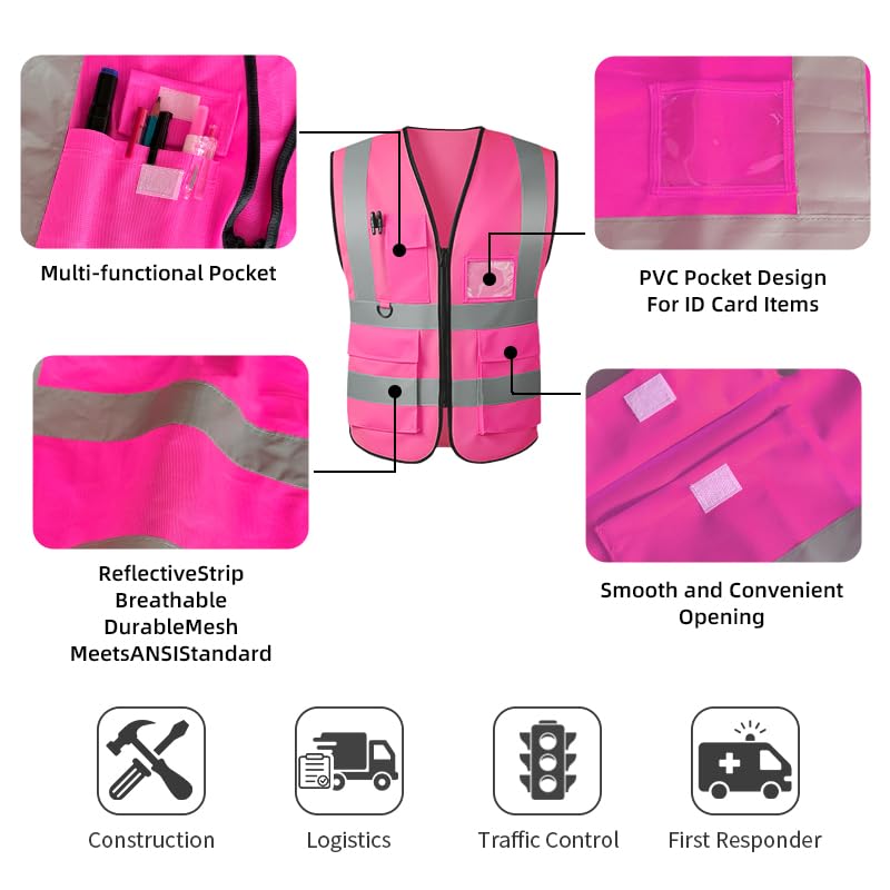 High Visibility Safety Vest with Reflective Strips & Pockets - color: Pink, size: Small