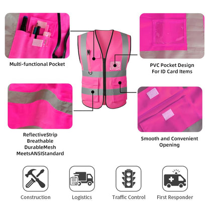 High Visibility Safety Vest with Reflective Strips & Pockets - color: Pink, size: XX-Large