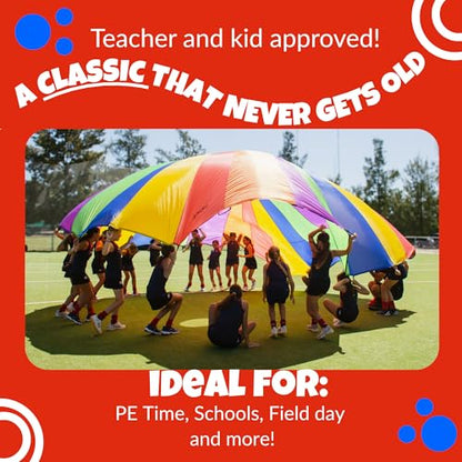 Activejoy - Parachute for Kids - 8ft /12ft / 16ft / 20ft / 24 ft / 30ft - Rainbow Parachute Toy with Handles - Great for Gym Class, Field Day & Outdoor Games - size: 30FT - 30 HANDLES