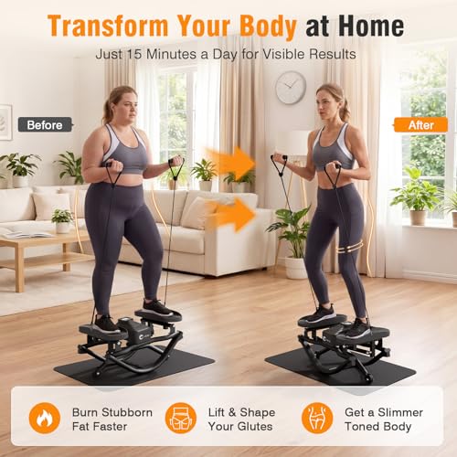 COKTIK Rock Stepper, Side Steppers for Exercise at Home | 350 LBS Weight Capacity, Noise-Reducing & Portable Rocker Exercise Equipment with Resistance Bands & Non-Slip Mat - color: Black
