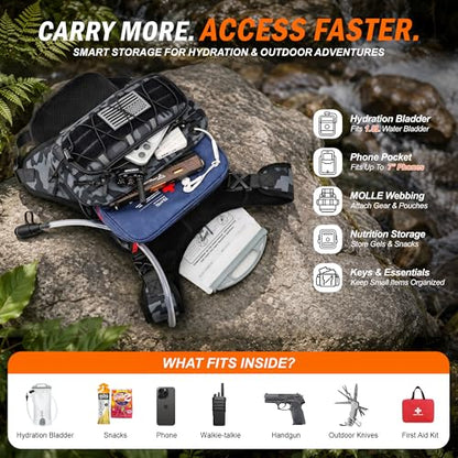 BECOJADDE Running Vest for Men with 2L Water Bladder Tactical Hydration Backpack Adjustable Lightweight Chest Pack for Marathon Hunting Cycling - color: Urban Camo