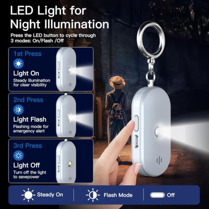 Personal Safety Alarm for Women, 130dB Rechargeable Keychain Alarm with Bluetooth SOS Alerts, Dual Speakers, Strobe Light, Low Battery Reminder, USB-C Emergency Siren for Travel(White) - color: White