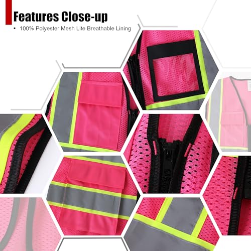 Reflective Safety Vest for Men Women Hi Vis Vest with 8 Pockets High Visibility Mesh Reflective Vest Meets ANSI/ISEA Standards (Pink-07,Medium) - color: Pink, size: Medium
