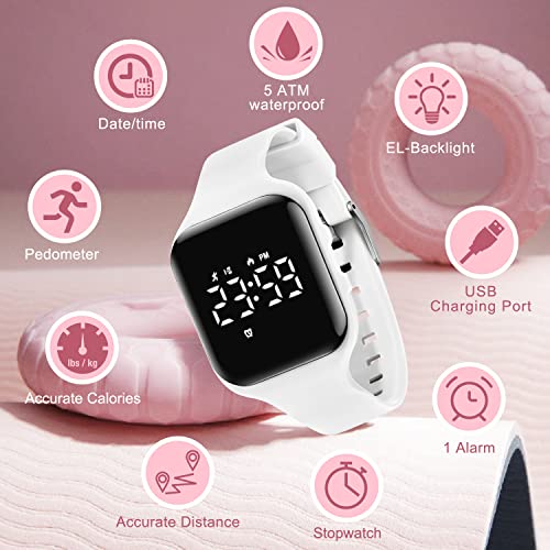 Kids Watches for Girls Boys Digital Sport Watch with Step Counter Pedometer Vibration Alarm Clock, No App Waterproof Fitness Tracker Kids Watch Boys Girls Teens Students Ages 5-16 - color: 004-E-White