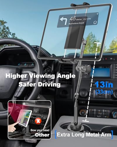 Heavy Duty Metal Cup Holder Tablet Car Mount - Extra Long Arm