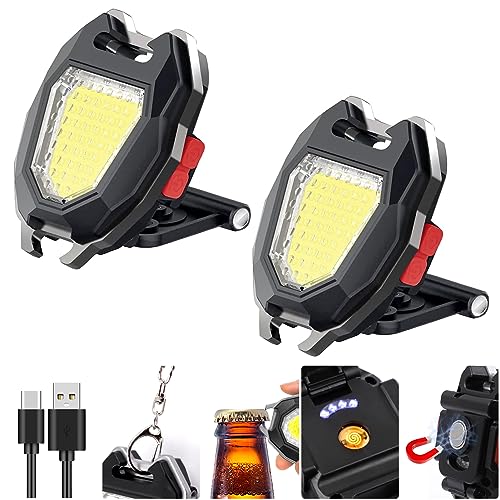 7 Modes COB Keychain Work Light 2 Pack, 1200 Lumens Bright Rechargeable LED Flashlight, Portable Pocket Light with Folding Bracket Whistle Lighter Magnet for Outdoor - color: Black-7Modes