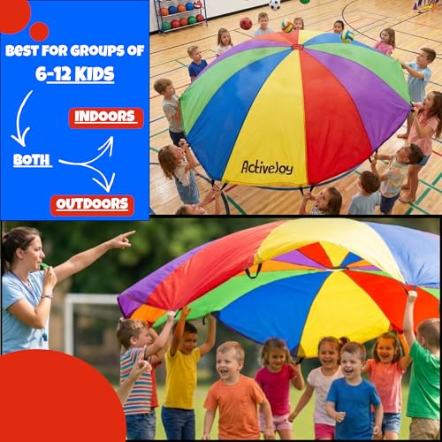 Activejoy - Parachute for Kids - 8ft /12ft / 16ft / 20ft / 24 ft / 30ft - Rainbow Parachute Toy with Handles - Great for Gym Class, Field Day & Outdoor Games - size: 12FT - 12 HANDLES