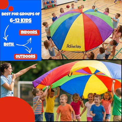 Activejoy - Parachute for Kids - 8ft /12ft / 16ft / 20ft / 24 ft / 30ft - Rainbow Parachute Toy with Handles - Great for Gym Class, Field Day & Outdoor Games - size: 12FT - 12 HANDLES