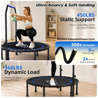 450LBS Foldable Rebounder Trampoline for Adults with Adjustable Handle 40" - color: Black