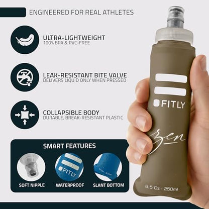 FITLY FLASKS Combo - 3 Handheld Soft Flask, Collapsible Water Bottles for Running, Marathon, Hiking, Cycling (5 oz, 8.5 oz, 13.5 oz / 150-250-400 ml) - color: Zen - Forest Green, Brown, Petrol Blue, style: Modern