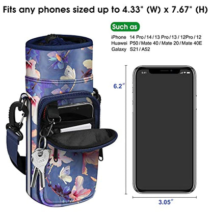 CaseBot Water Bottle Carrier Bag Sling Case, Sports Water Bottle Pouch Holder Sleeve with Adjustable Shoulder Hand Strap and 2 Pockets for Men Women Hiking Camping Travelling - color: Blooming Hibiscus
