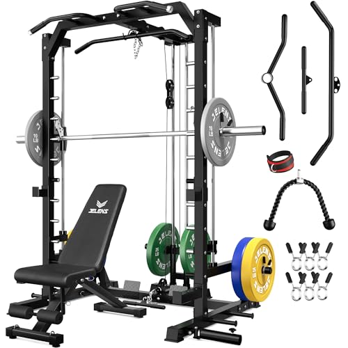 JELENS SR01 Smith Machine, 2000LBS Multi-Function Power Cage with LAT Pulldown System, All-in-One Home Gym Squat Rack with Smith Bar and Training Attachments for Full Body Workouts - color: Black, size: 230LB Colored Weights Package