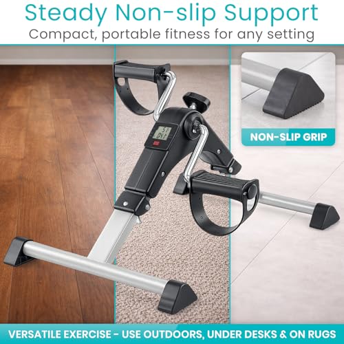 Vive Folding Pedal Exerciser - Under Desk Exercise Bike for Seniors, Elderly - Sit Down Stationary Peddler Equipment for Arm, Leg, Hand, Foot - Mini Floor Bicycle with LCD Display, Adjustable Tension