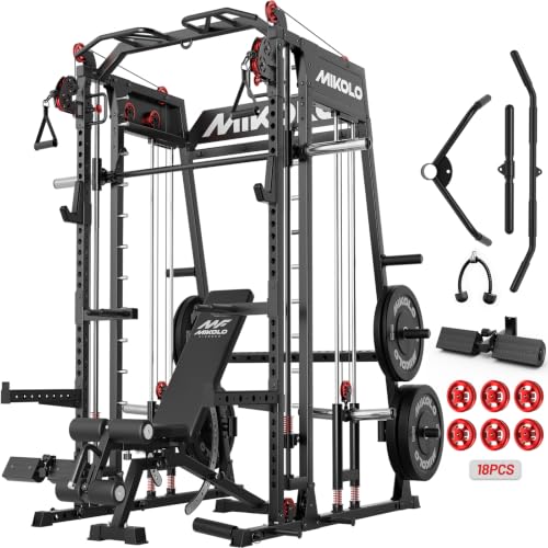Mikolo M4 2.0 Smith Machine, 2200lbs Squat Rack with LAT-Pull Down System & Cable Crossover Machine, Training Equipment with Leg Hold-Down Attachment - color: Black, size: M4 2.0 Ultra Package (with Black BP230lbs)