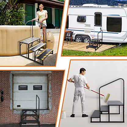 3 Step RV Stairs, Hot Tub Steps, Outdoor Spa Step Ladder with Handrail,Portable Economy 5th Wheel Stair for Travel Trailer, Motor Home, Camper and Porch with Non-Skid Tapes - size: RV Stairs - 3 Step with Single Handrail