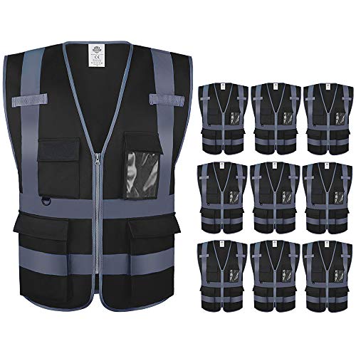 Dazonity Safety Vest with Pockets & Zipper, 10 Pcs,Reflective, for Construction(Black-XL) - color: Black