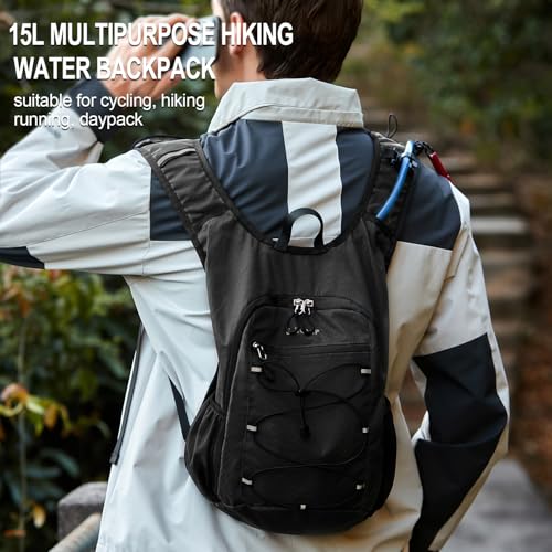 BOVIP Lightweight Hydration Back,15L Multipurpose Hiking Backpack with 1.5L Water Bladder ,Hydro Water Daypack for Cycling Hiking Rave for Men Women - size: Black