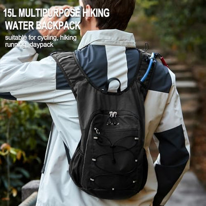 BOVIP Lightweight Hydration Back,15L Multipurpose Hiking Backpack with 1.5L Water Bladder ,Hydro Water Daypack for Cycling Hiking Rave for Men Women - size: Black
