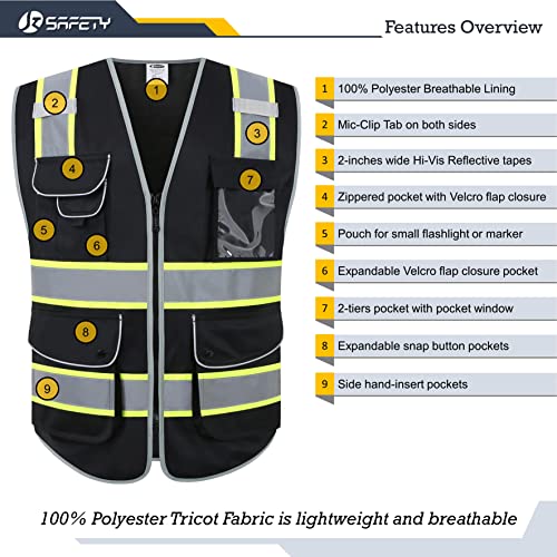 JKSafety Safety Vest for Men Women Reflective Hi Vis JK901 Black M - color: Black Yellow Strips, size: Medium