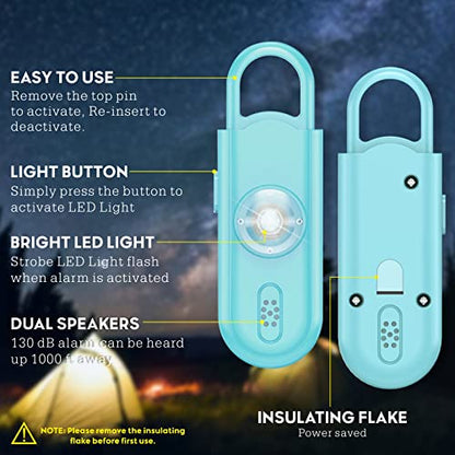 Personal Safety Alarm Keychain for Women 2PCS -130 dB Loud Siren with SOS Strobe Light, Flashlight, Double Speakers, Safe Defense Key Chain for Girls Kids Elders Emergency Call - color: Aqua
