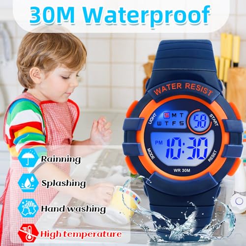 DTKID Digital Kids Watch 30 M Waterproof for Girls Boys 5-16 - color: Dark blue-orange