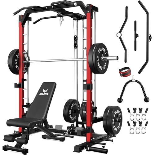 JELENS SR01 Smith Machine, 2000LBS Multi-Function Power Cage with LAT Pulldown System, All-in-One Home Gym Squat Rack with Smith Bar and Training Attachments for Full Body Workouts - color: Red, size: 370LB Black Weights Package