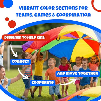 Activejoy - Parachute for Kids - 8ft /12ft / 16ft / 20ft / 24 ft / 30ft - Rainbow Parachute Toy with Handles - Great for Gym Class, Field Day & Outdoor Games - size: 12FT - 12 HANDLES