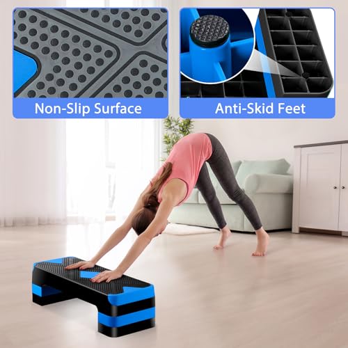 Non-Slip 27 Inch Aerobic Exercise Step Platform 4"-6"-8" Height Adjustable Risers for Home Gym Cardio Training Fitness Workout Stepper Trainer - color: Blue
