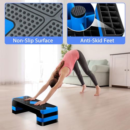 Non-Slip 27 Inch Aerobic Exercise Step Platform 4"-6"-8" Height Adjustable Risers for Home Gym Cardio Training Fitness Workout Stepper Trainer - color: Blue