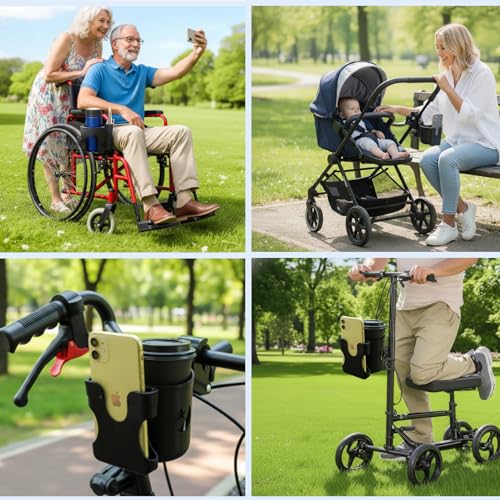 WHLICKS 2-in-1 Walker Cup Holder with Reversible Phone Holder，Fit for Wheelchair, Rollator, Scooter, Bike, Mobility, Camper, Stroller with Sturdy,Rotatable,Adjustable and Anti - Slip Clip - size: Reversible