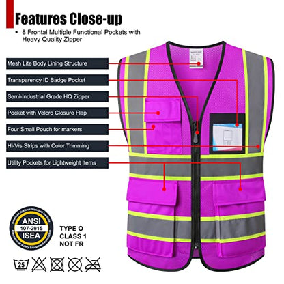 Reflective Safety Vest for Men Women Hi Vis Vest with 8 Pockets High Visibility Mesh Reflective Vest Meets ANSI/ISEA Standards (Purple-07, Medium) - color: Purple, size: Medium