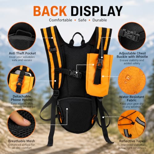 Lightweight Hydration Backpack 2L Water Bladder Pack for Running, Cycling, Hiking – Anti-Theft Water Backpack with Phone Holder, Trekking Pole Holder & Reflective Strips for Men & Women - color: Orange
