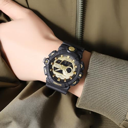 FANMIS Men's Analog Digital Sports Watch 50M LED Backlight Military Watch - color: Black Gold