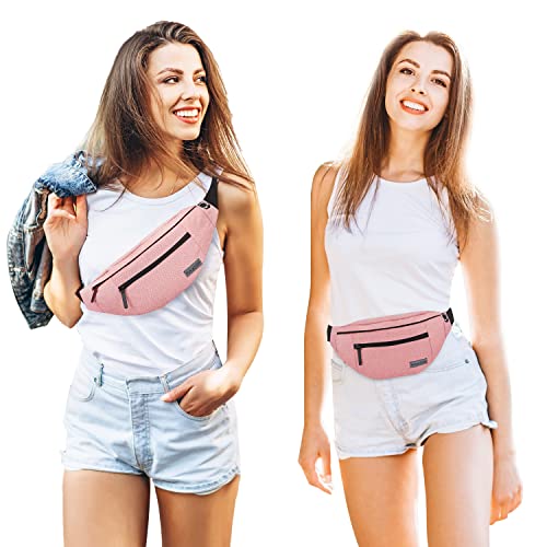 Large Pink Fanny Pack Cross Body Bag with 4-Zipper Pockets Adjustable Strap - color: New Pink