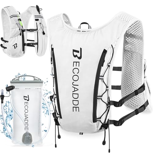 BECOJADDE Running Vest for Women Men, 5L/6L Lightweight Hydration Backpack Running Pack for Marathon, Trail, Cycling, Hiking, Jogging - color: White
