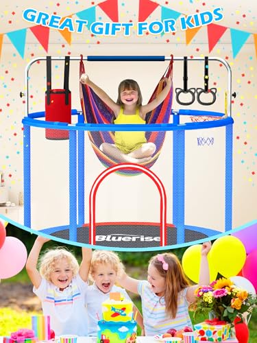 BLUERISE 60" Indoor&Outdoor with Enclosure 5FT Trampoline for Kids Gifts - color: Blue / Red - 6-in-1
