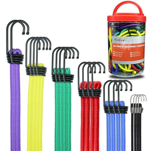 22 Piece Premium Bungee Cords Assortment Jar with Various Sizes Rope : 10", 18", 24", 30", 36", 48" for Camping Usage, Multifunctional, Waterproof, UV Protection, Organizing, Securing. - size: Assorted (10"-48") - 22 Pcs