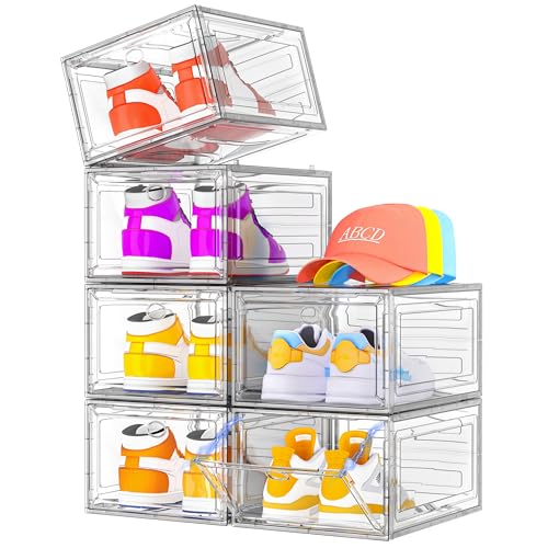 Sturdy Clear Shoe Organizer with Magnetic Door, Stackable Shoe Storage Box - color: White, size: 6 pcs